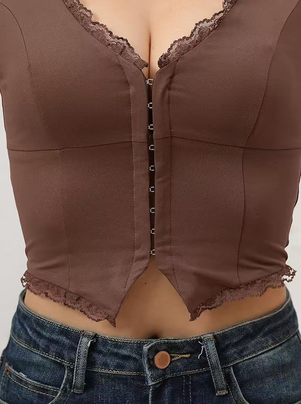 2-Pack Brown French Vintage Lace Splice Camisole(XL Size) - Slim Fit Halter Top with Back Detail and Button Placket โ image 3