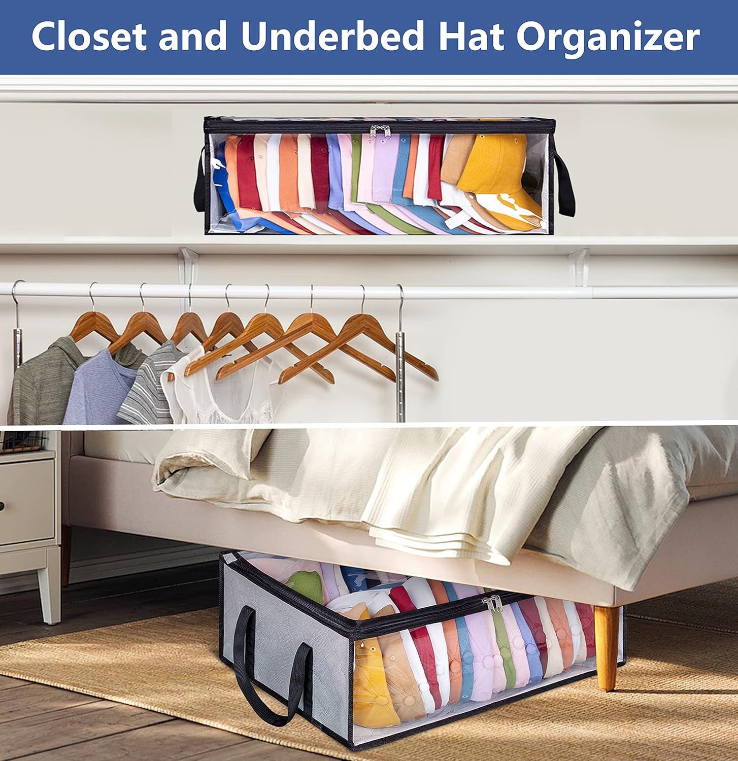 Large Capacity Foldable Hat Organizer Storage Box with Clear See-Through Window for Baseball Caps, Clothes, Toys, and Books, Underbed and Closet Container — image 6