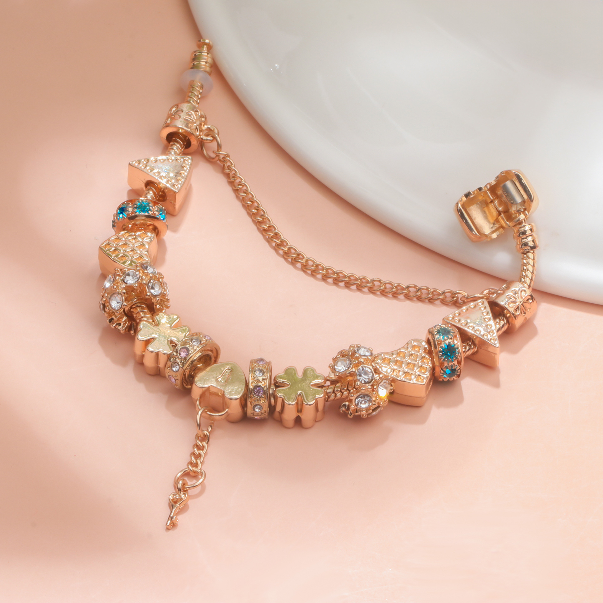 Rose Gold DIY Charm Bracelet with Crystal Heart, Clover & Key Pendant, Romantic Beaded Bracelet(18cm) โ image 3