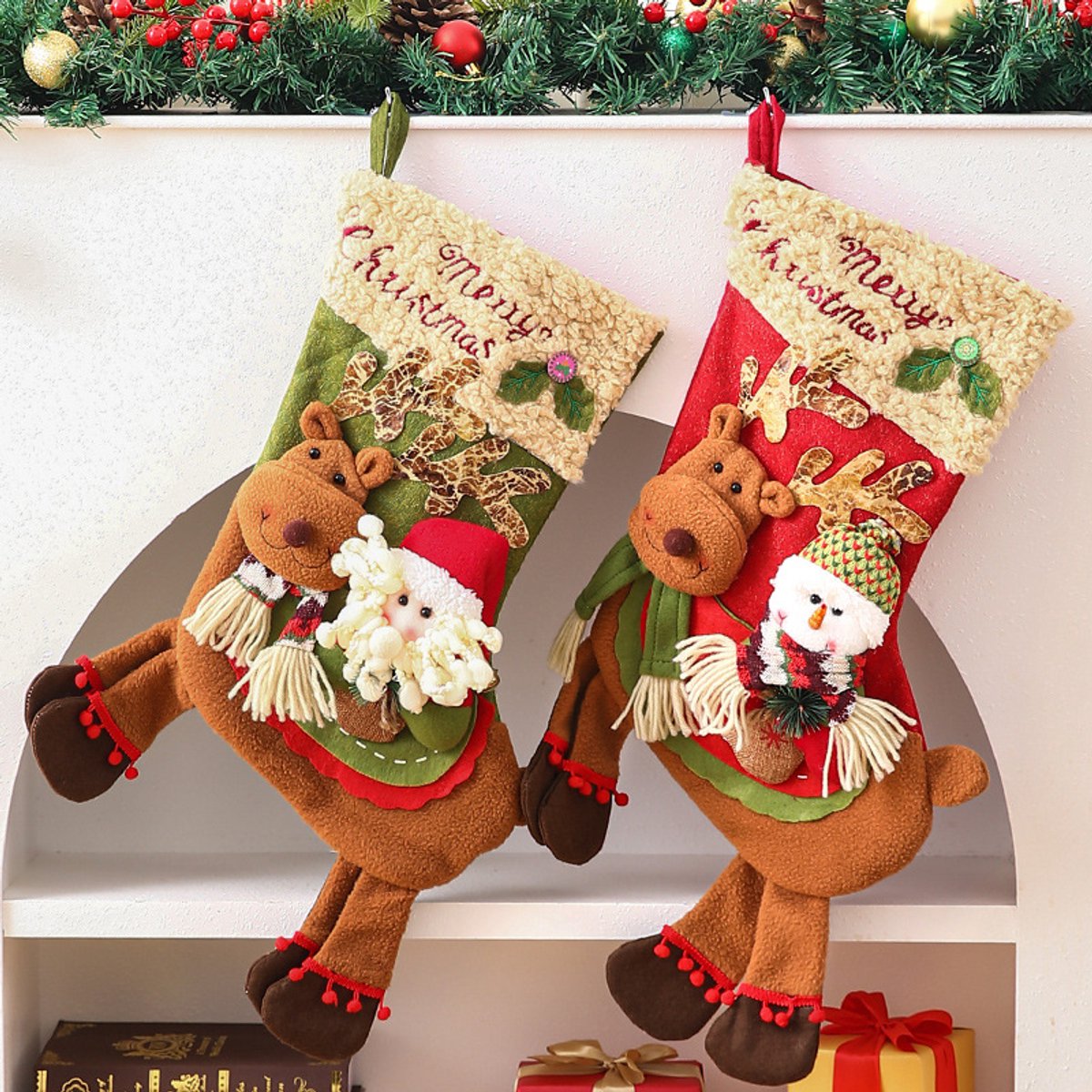 Gift Bags - 23 Inch Christmas Stockings - Santa and Reindeer Pattern - Extra Soft Plush Cuff - Classic Christmas Stocking Decoration - Perfect for Family — image 5