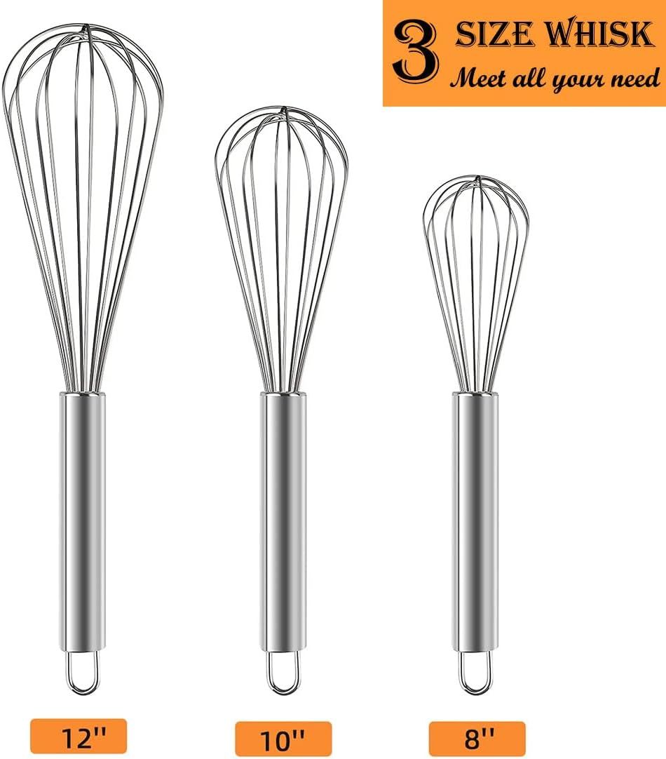 Stainless Steel Whisk Set, 3 Packs Balloon Whisk for Cooking, Whisking, Blending (8",10",12") — image 3