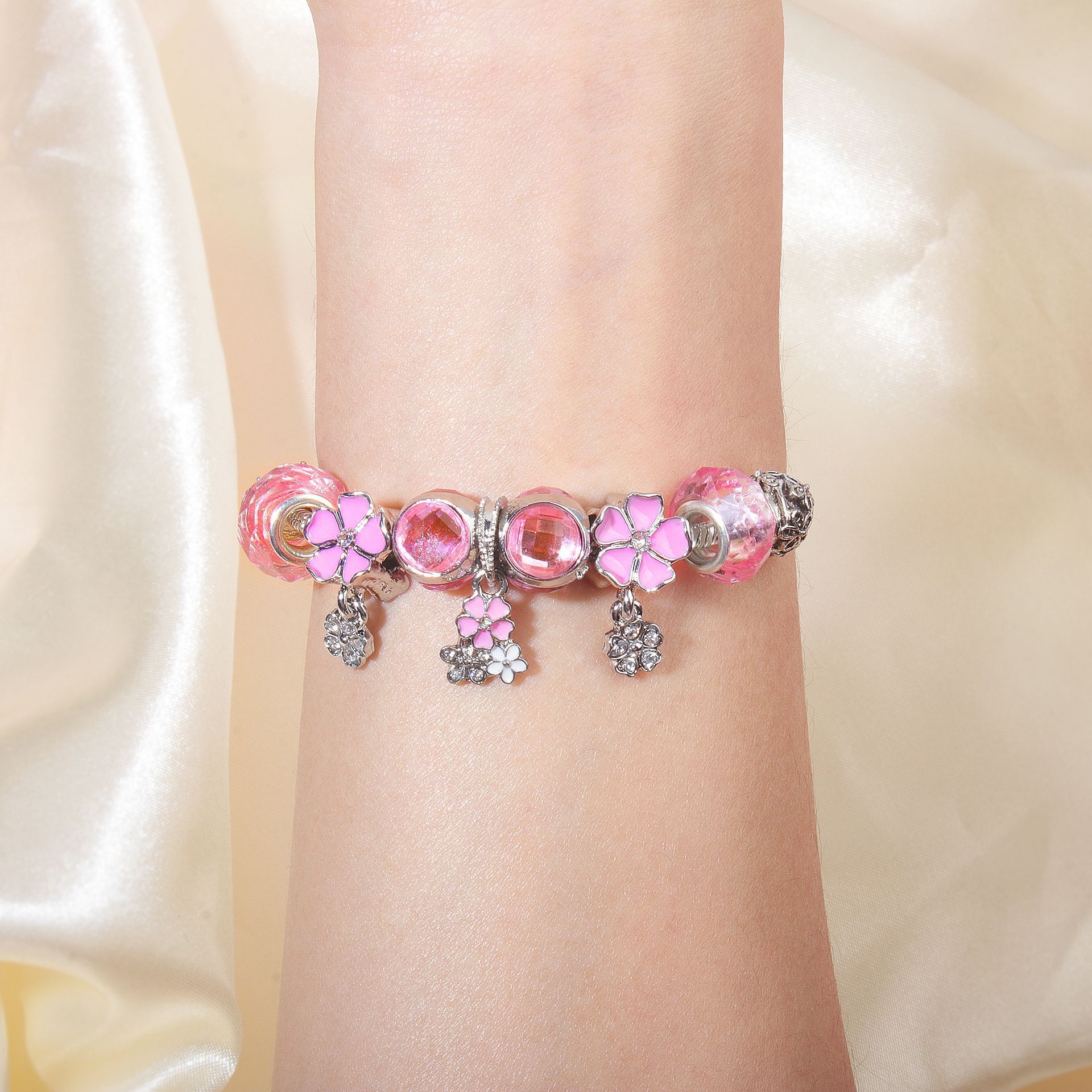 Romantic Floral Big Glass Bead Petal Pendant DIY Bracelet(pink-16cm) โ image 4