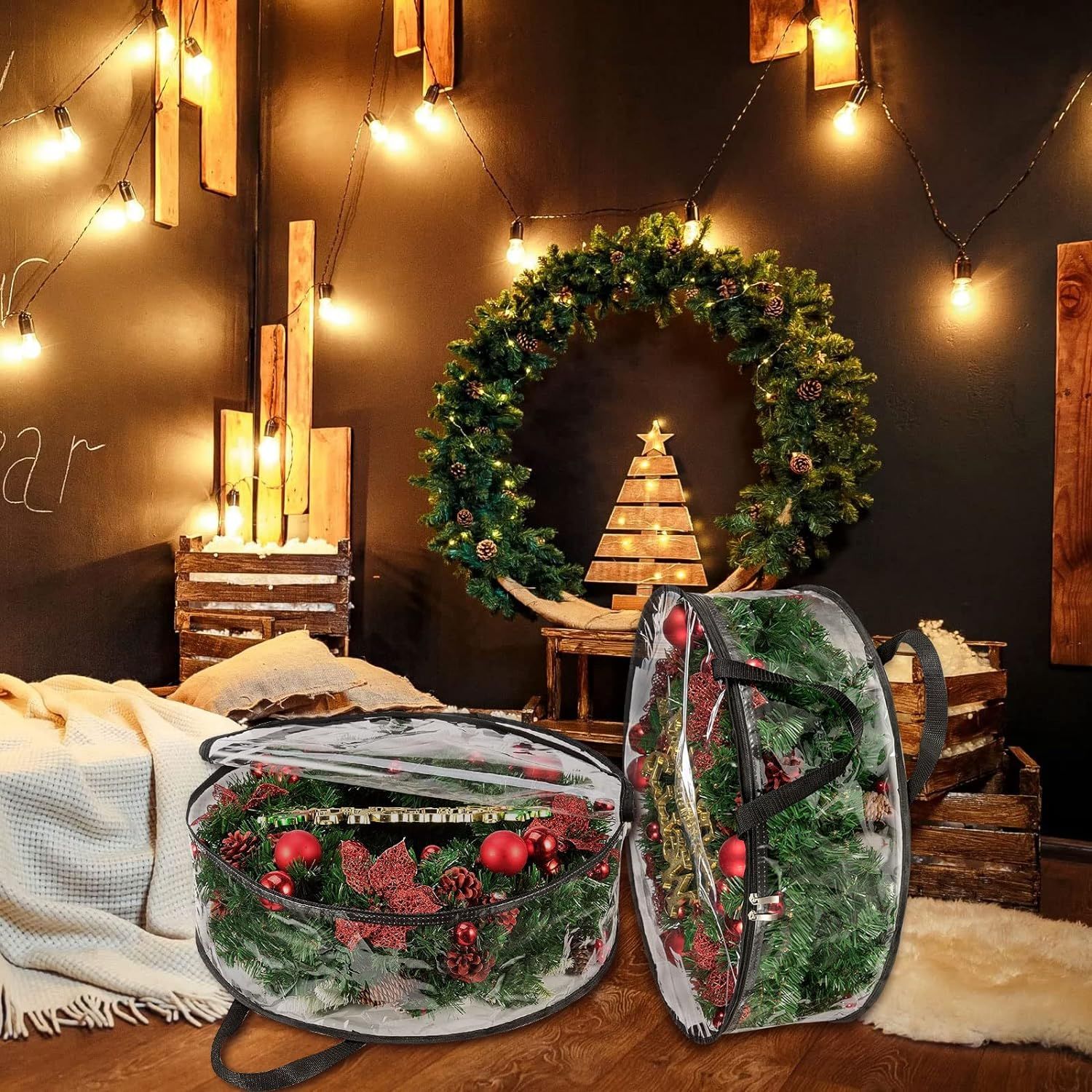 4 PCS Clear Wreath Storage Bag, 24x8 Inch Christmas Wreath Storage Container, Heavy Duty PVC Wreath Protector with Handle (Black) — image 4
