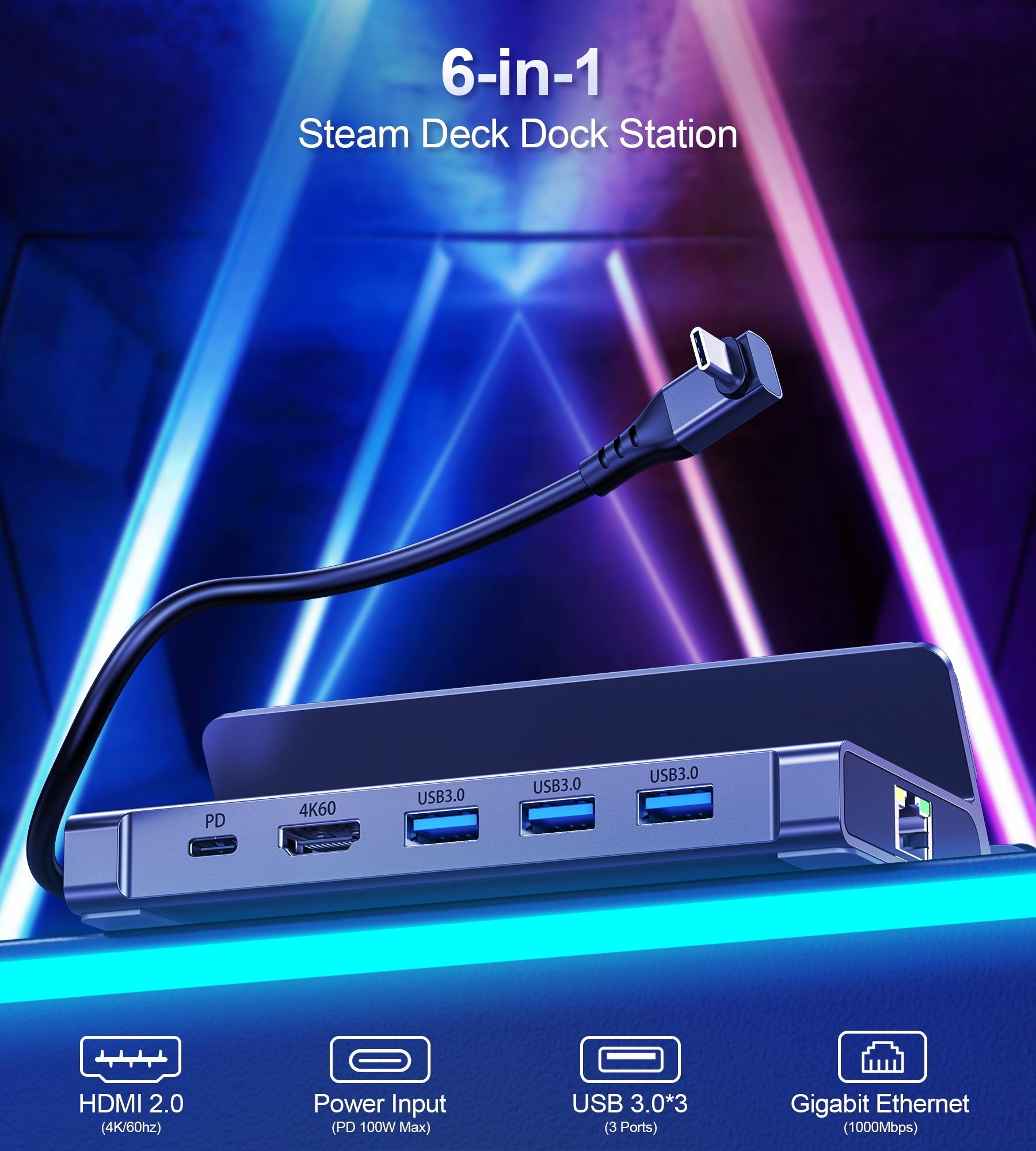 CHOETECH HUB-M50 6-in-1 USB-C 100W Aluminum Steam Deck Docking Station — image 4