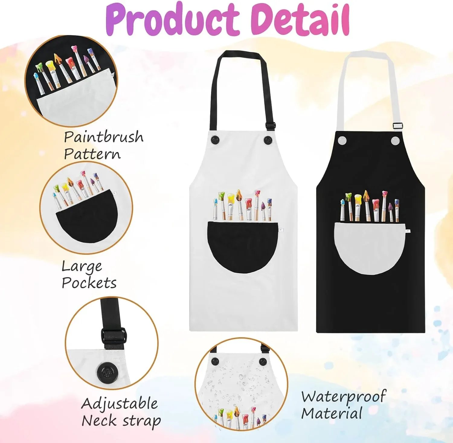 2 Pcs Kids Art Aprons, Adjustable Waterproof Bib Aprons with Large Pockets for Boys Girls Painting Cooking Gardening, Black White โ image 3