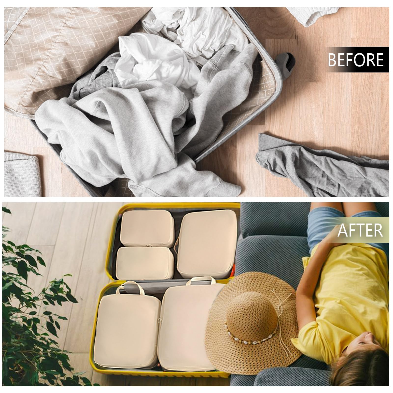 6 Pieces Travel Packing Cube Set with Water-Resistant Organiser Bags for Clothes, Shoes and Laundry, Space-Saving Luggage Storage, Beige — image 4