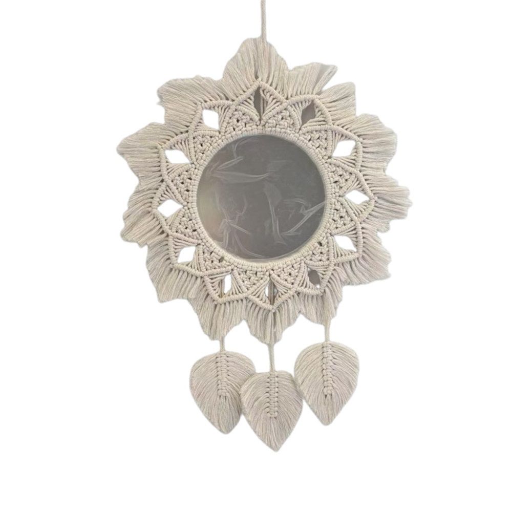 Hanging Wall Macrame Fringe Round Decorative Mirror with Beads Feather Pendant,Art Ornament for Apartment Home Bedroom Living Room