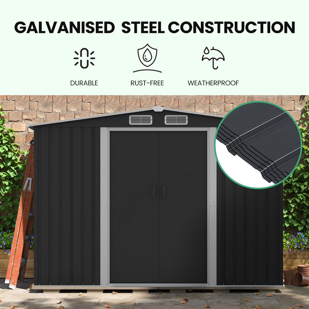 PlantCraft Galvanised Steel Garden Shed 2.58 x 3.13 x 2.02m, with 2 Sliding Doors, 4 Air Vents, Gable Roof, Floor Frame โ image 3