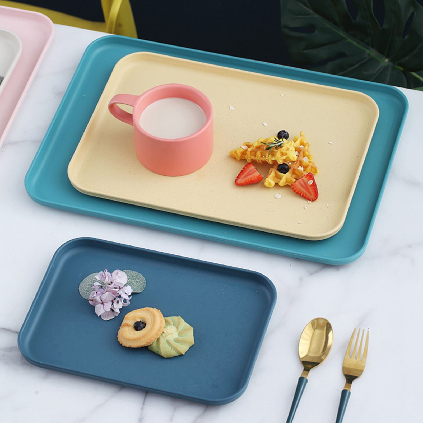 Kitchen Serving Tray Wheat Straw Rectangular Nordic Style Cupcake Fruit Snack Tea Tray for Home Office Restaurant Light Green S (Approx. 25x17cm / — image 4
