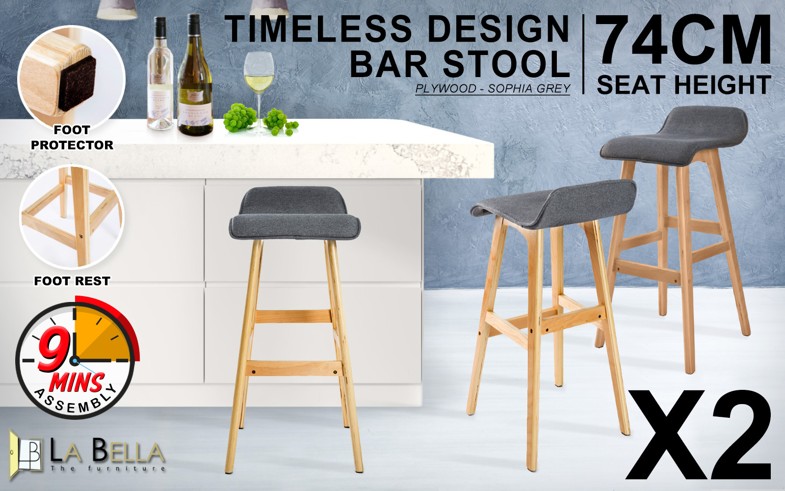 2X Wooden Bar Stool Dining Chair Fabric SOPHIA 74cm GREY โ image 2