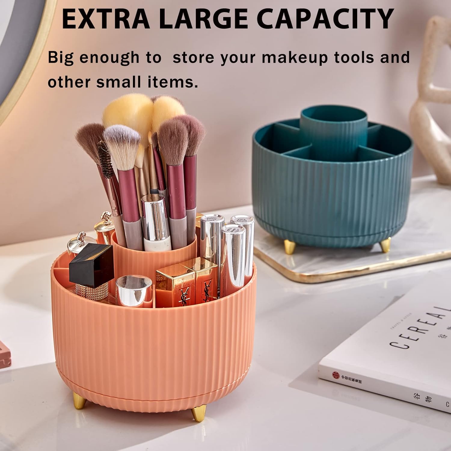 Makeup Brush Holder Organizer,360° Rotating Make up Organizer Storage,5 Slot Makeup Brushes Cup,for Vanity Decor,Bathroom Countertops,Desk Storage — image 4