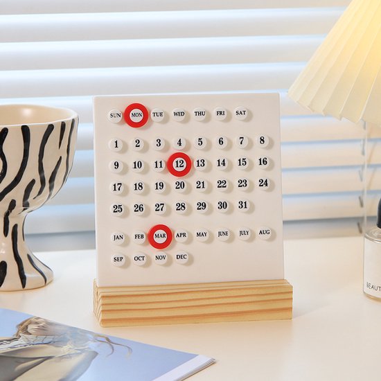 Perpetual calendar - Wooden calendar stand for desk - Acrylic calendar for desk - Suitable for living room, office, shop, bar - Display of week, month and day