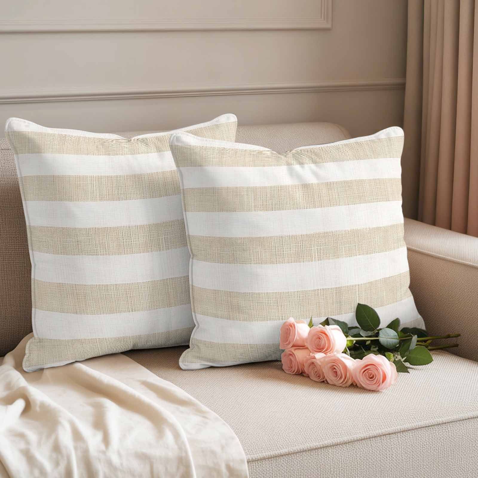 Vintage Linen Outdoor Pillow Covers 24"x24" Set of 2, Striped Theme Farmhouse Waterproof Throw Pillow Covers for Patio Furniture, Beige โ image 2