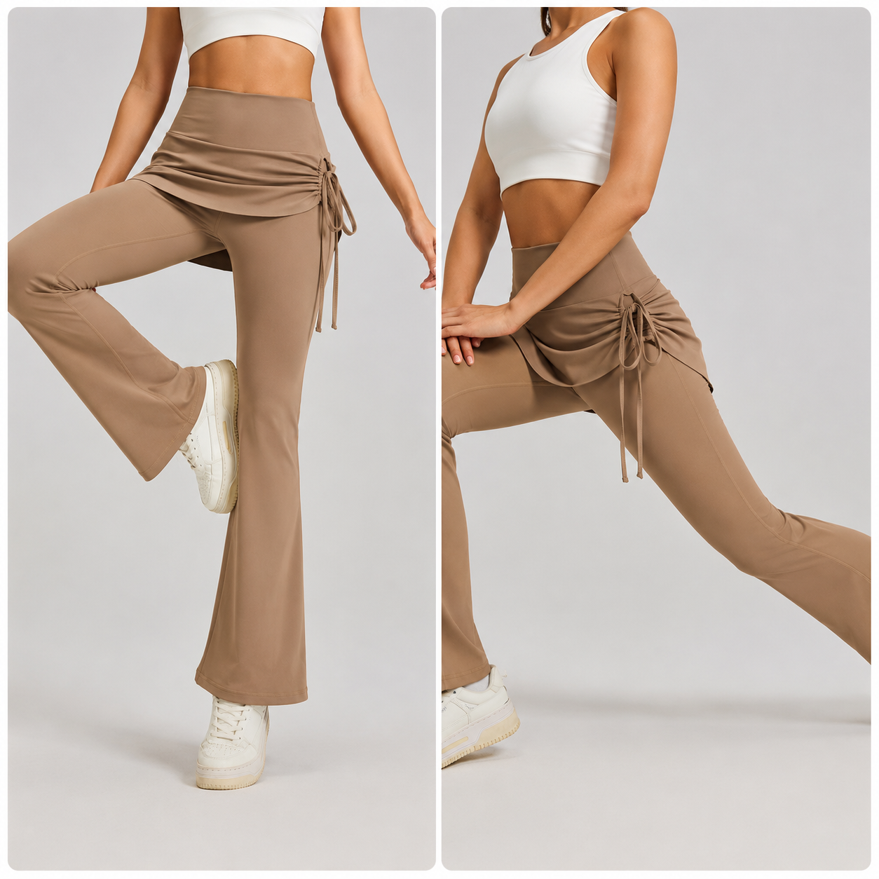 Women's High Waist Skirted Flare Yoga Pants with Adjustable Ruched Drawstring (S size)-Light brown Faux Two Piece Bootcut Leggings for Pilates, Gym โ image 4