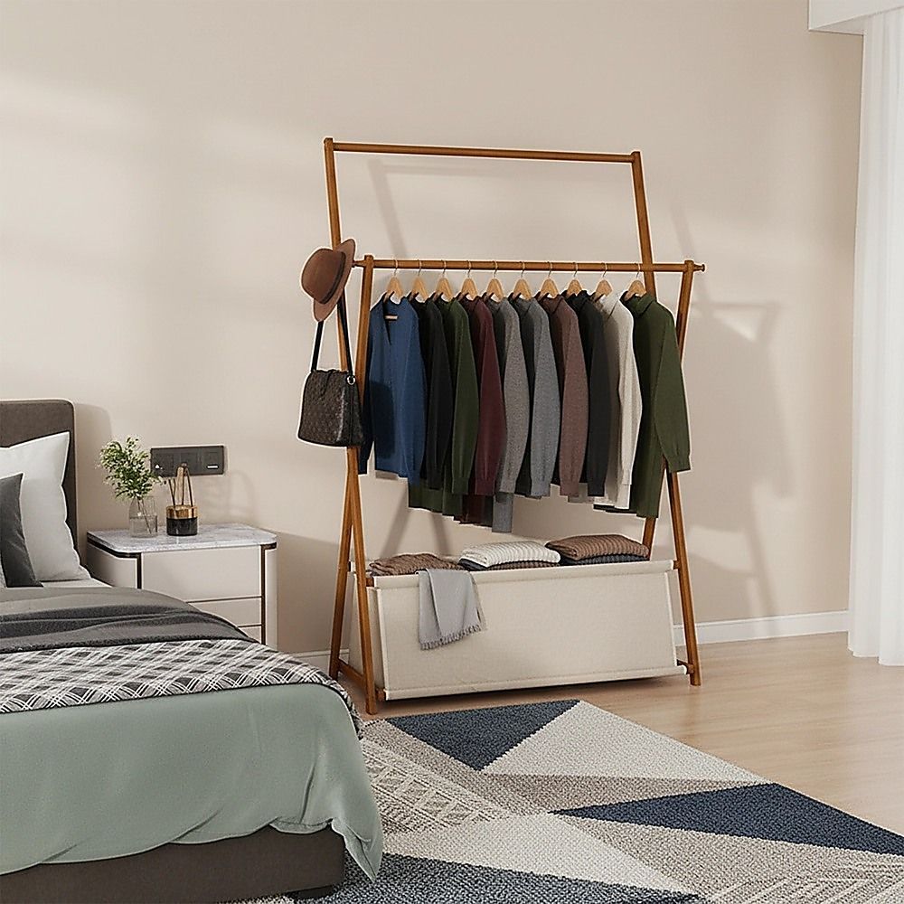 100x155cm Dark Wood Clothes Rail Garment Rack with Freestanding Storage Shelf โ image 2