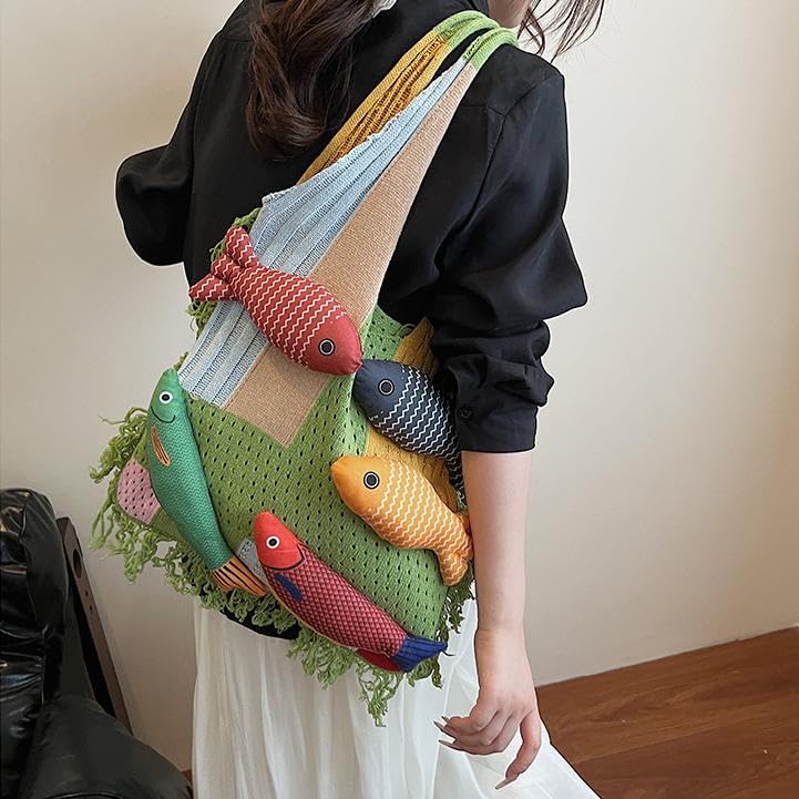 Boho Knit Tote Bag with 3D Fish Applique – Patchwork Shoulder Bag for Women, Beach, Travel & Daily Use – Soft Fringe Design (Green) — image 3