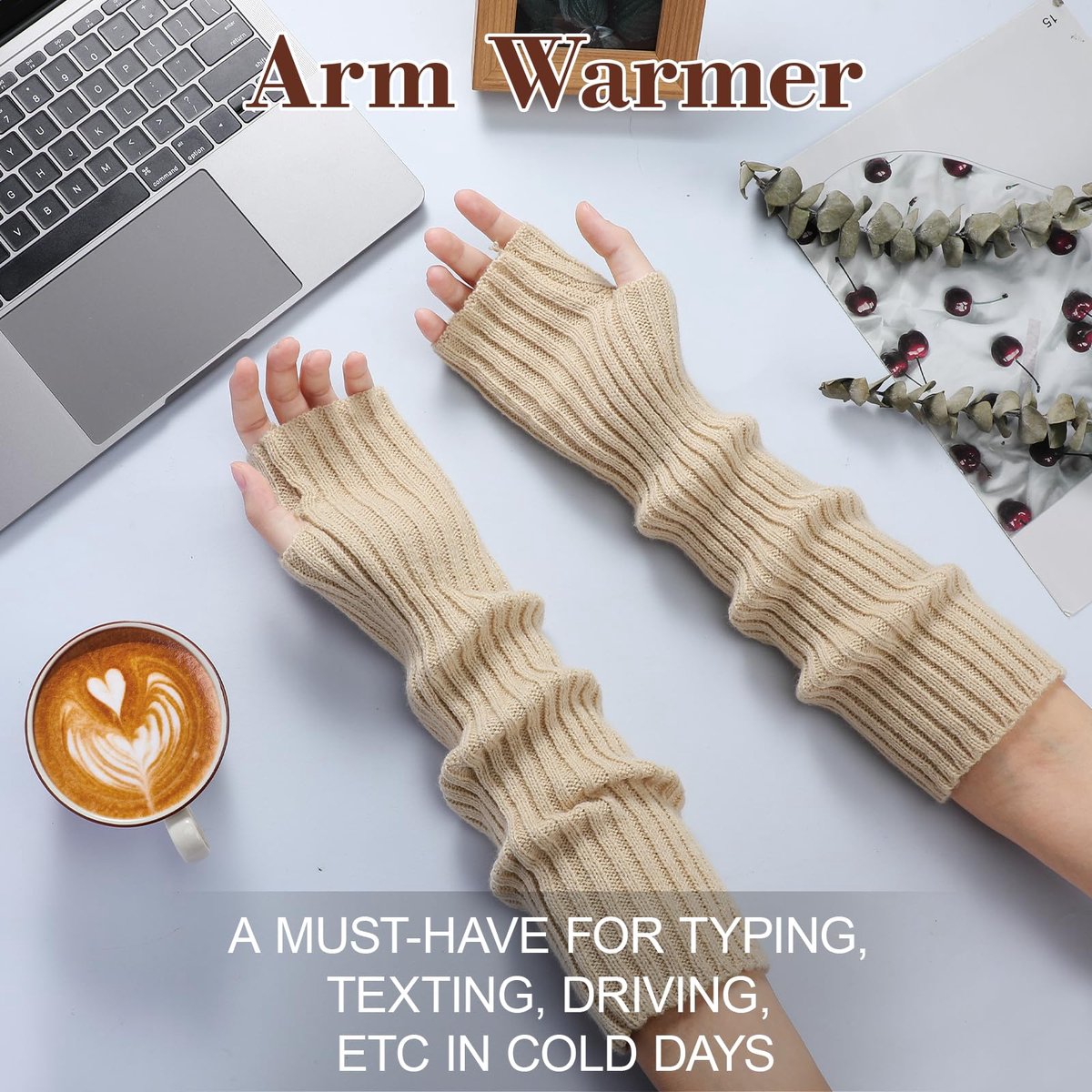 Arm Sleeves - Women's Long Fingerless - Knitted Y2K Arm Sleeves - (Beige) — image 5
