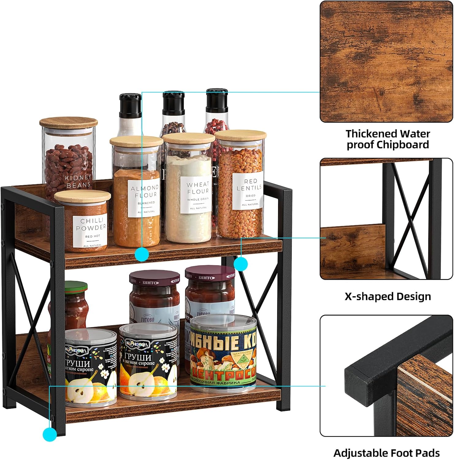 CARLA HOME 2-Tier Countertop Shelf Organizer Rustic Wood Kitchen Spice Rack for Storage, Condiments & Cabinet Organization — image 4