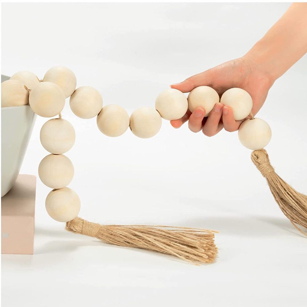 Wooden Beads and Tassels,Long Rustic Farmhouse Country Decorative Beads for Home Tiered Tray Decor, Natural Beige(Round bead 98cm) — image 2