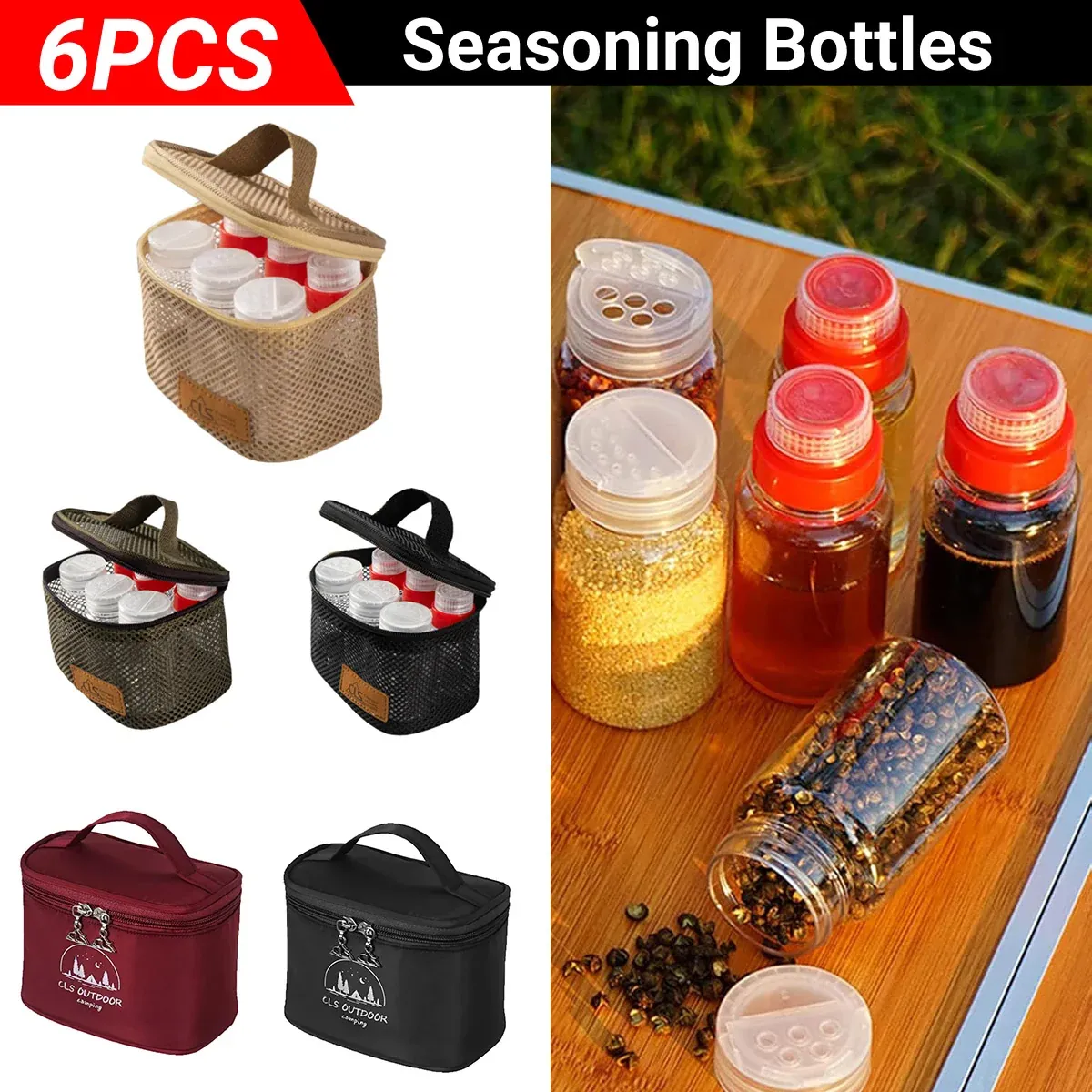 6pcs Mini Seasoning Bottle Set Portable Kitchen BBQ Camping Spice Container Box - Mesh Bag-Black — image 2