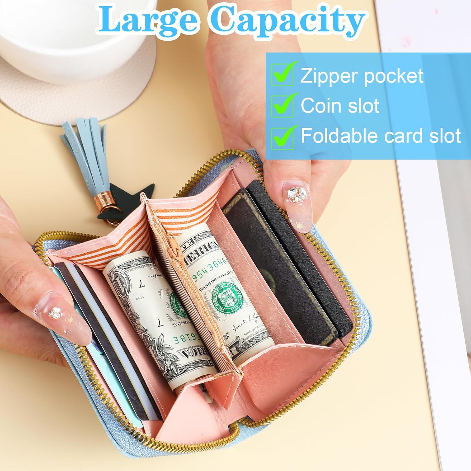 2 PCS Wallets for Girls, Small PU Leather Girls Wallets for Kids 6-8 with Zipper and Card Slots, Cute Credit Card Holder with Heart-embroidery Star Tassels — image 3