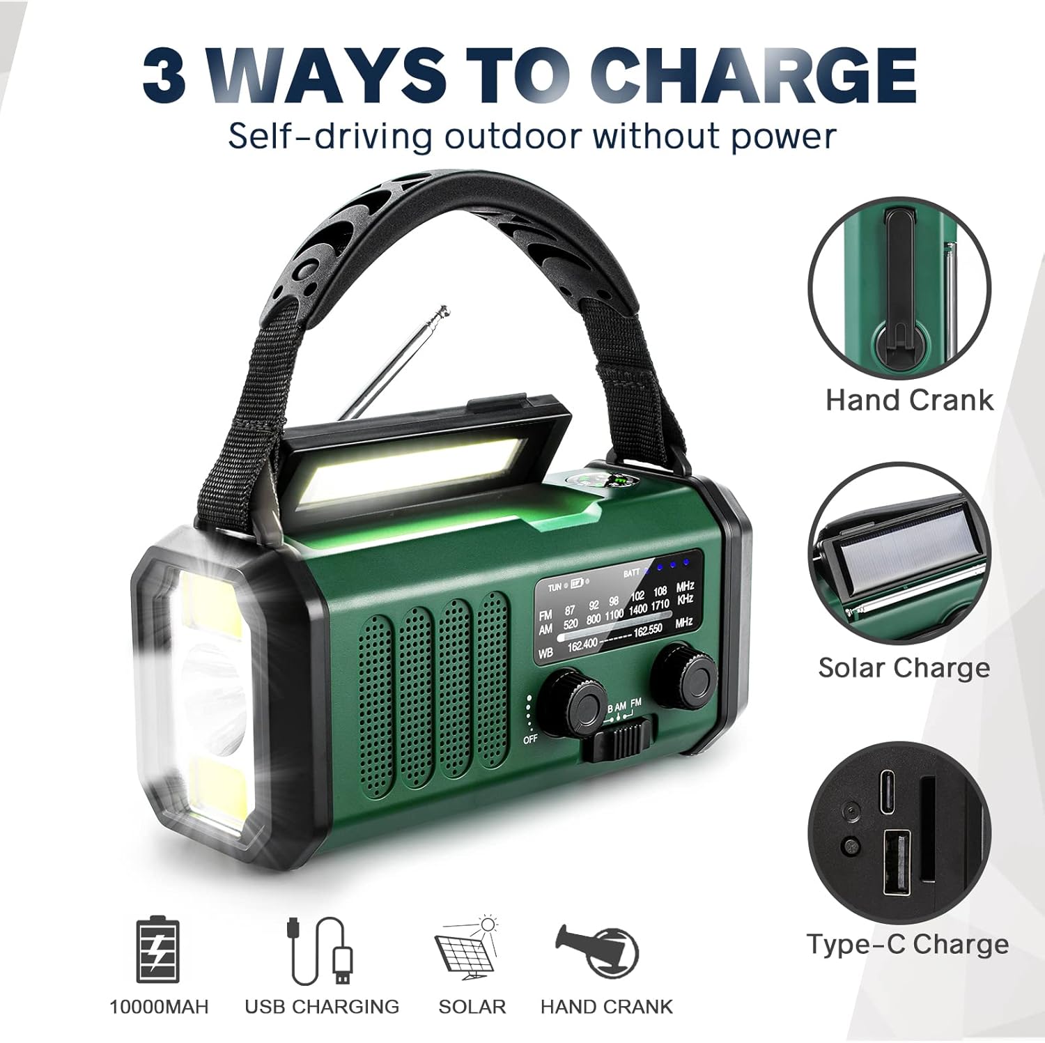 10000mAh Solar Powered Emergency Radio & Power Bank All-in-1 Survival Device with Hand Crank NOAA Alert Powerful Flashlight for Outdoor Camping and Emergency — image 4