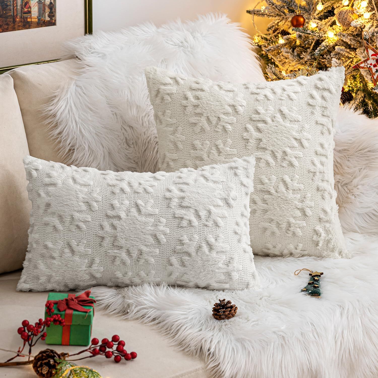 Christmas Snowflake Decorative Throw Pillow Covers Set of 2, Soft Fluffy Faux Wool Winter Holiday Couch Pillows for Farmhouse Boho Home Decor Sofa — image 4