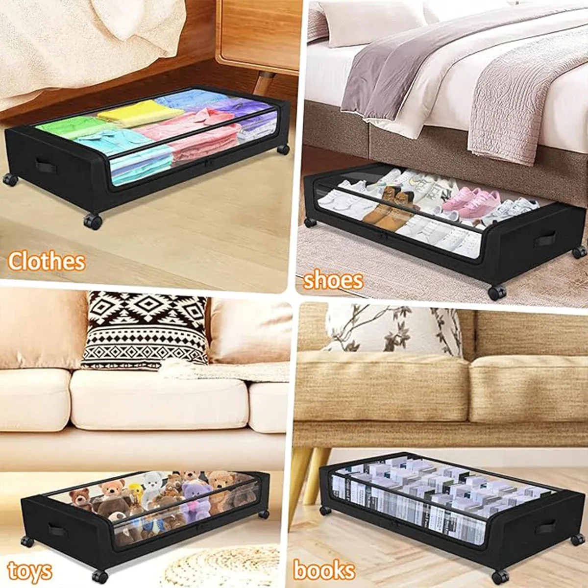 Under Bed Storage Rack Square Design with Wheels Rolling Trolley Box for Home - Black — image 6