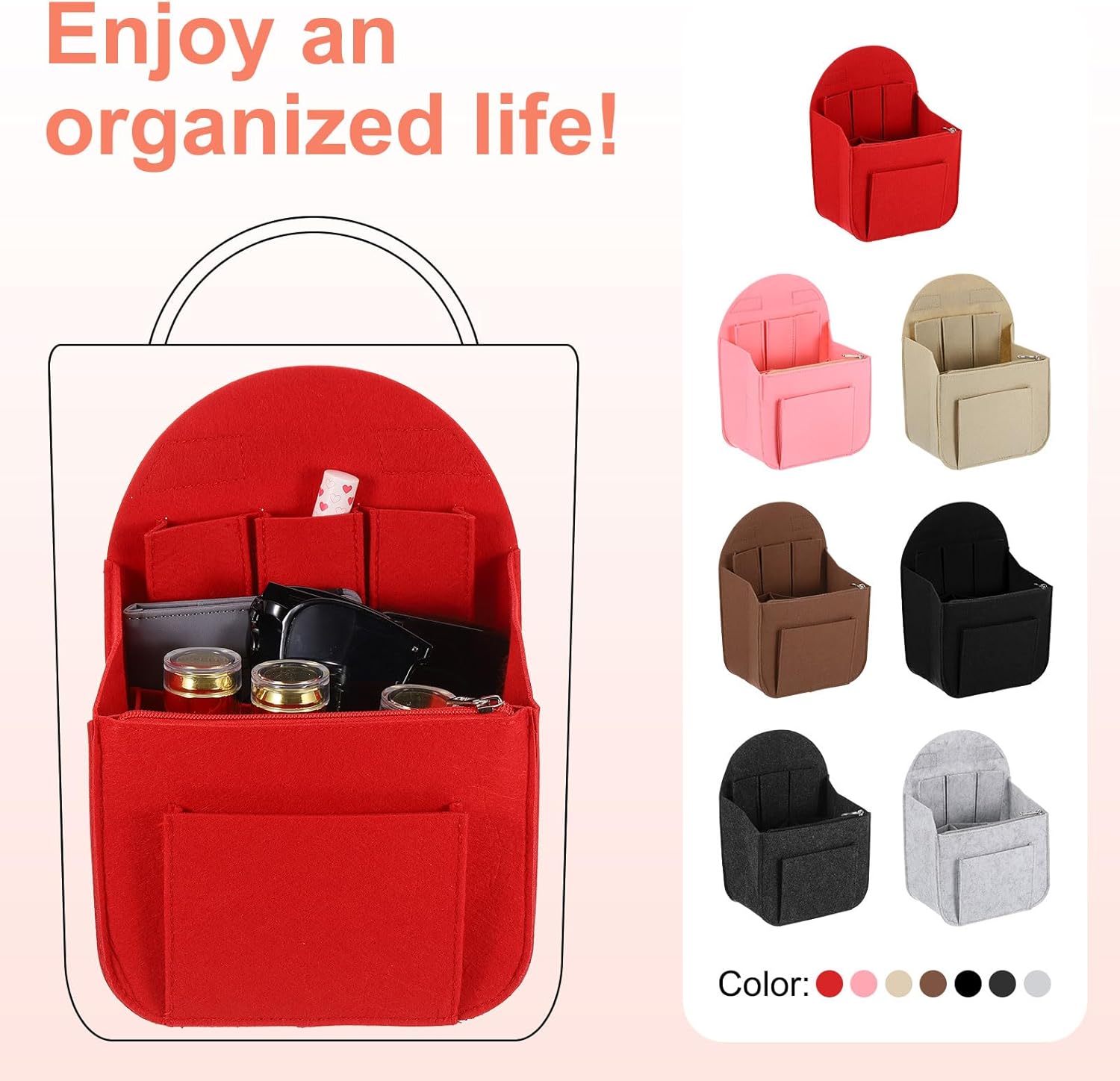 Purse Organizer Insert, Portable Felt Organizer Bags with Metal Zipper Multiple Compartments Purse Liner for Backpack Rucksack Handbag Shoulder Bag (7.7" x 5" โ image 4