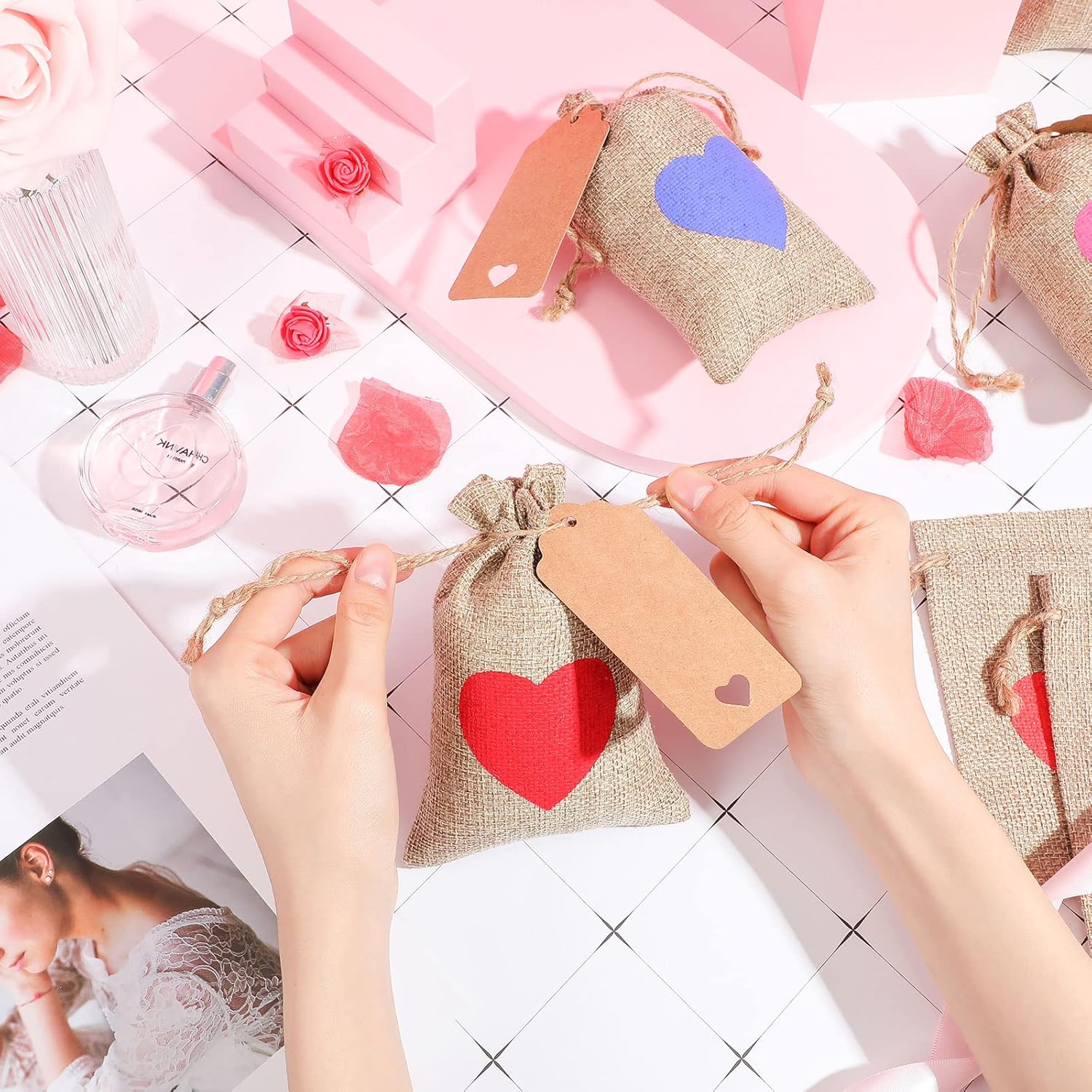 36 Pcs Valentine's Day Burlap Gift Bags with Drawstring Heart 6x4 In Party Favor Bag Mini Rustic Pouches Wedding Tags and Rope for Valentine Bridal โ image 5