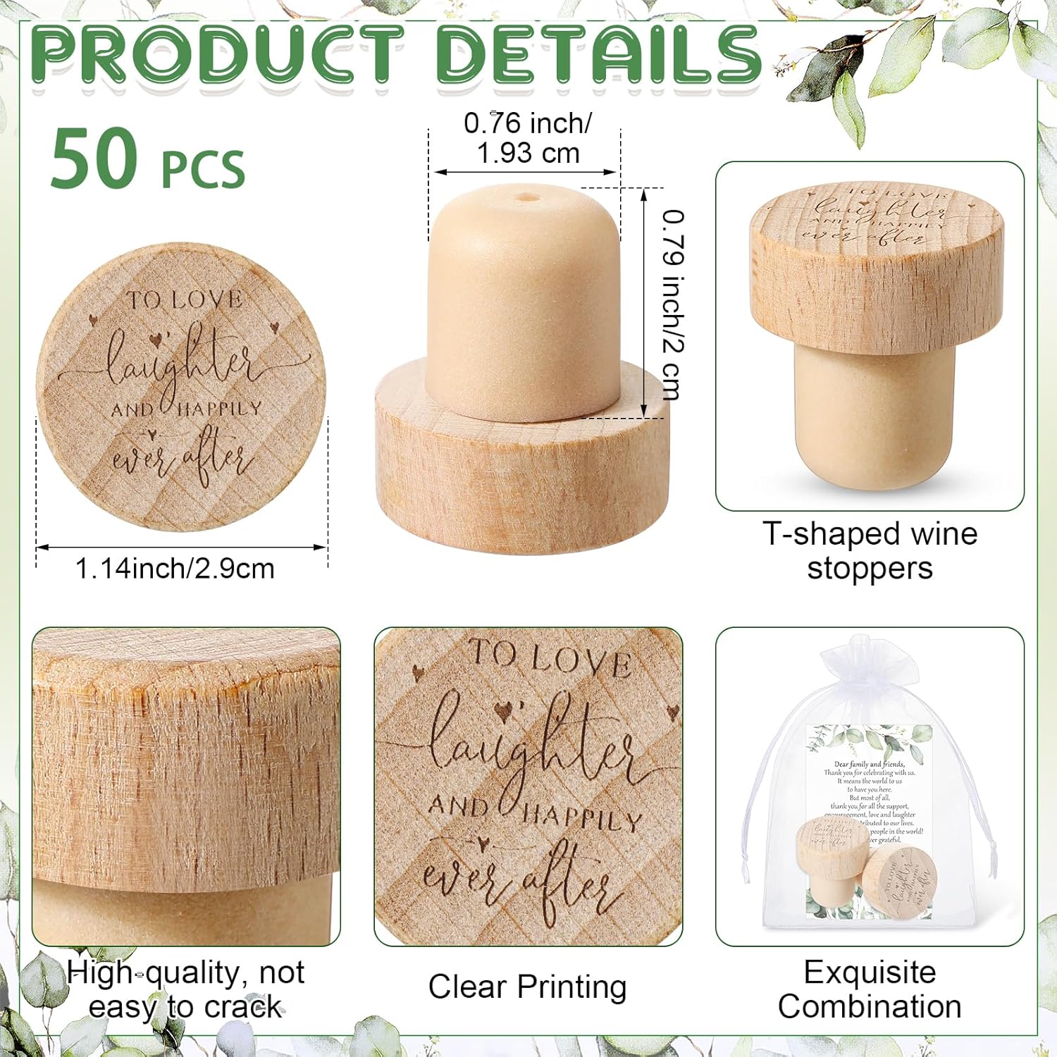 50 Sets Wedding Favors for Guests Bulk Engraved Wood Wine Bottle Corks Wine Stopper with Wedding Thank You Cards and Organza Bags Appreciation Gifts for Guest — image 2