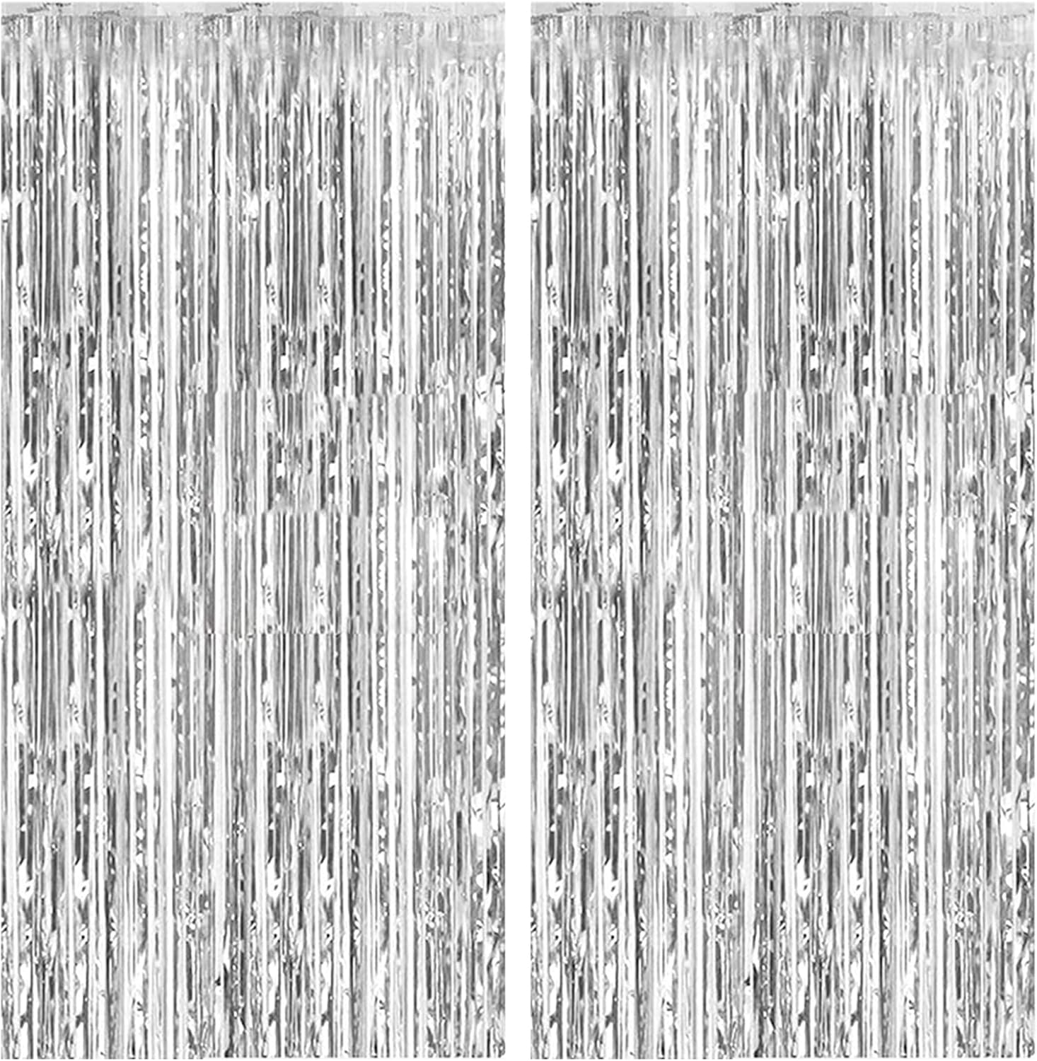 2 Pack Foil Curtain Backdrop Silver Metallic Tinsel Foil Fringe Curtains Photo Booth Props for Birthday Wedding Engagement Baby Shower Bachelorette Christmas