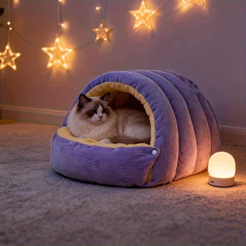 High-Elasticity Warm Cat Bed: 45×30×19cm Wrapped Design, Striped Fleece + Arctic Fleece Heat Retention, Removable & Washable(light GREEN) — image 4