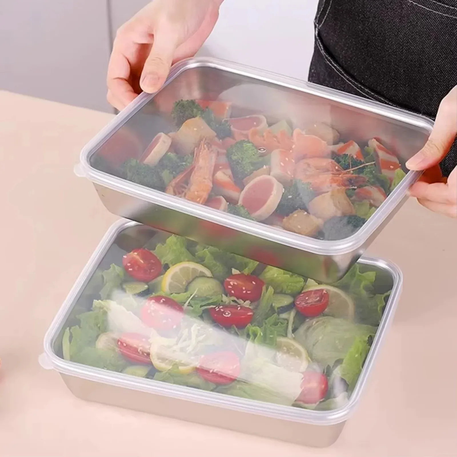 2 Piece, Fridge Storage Containers, Stainless Steel Baking Pans with Lids, Freezer Meal Prep, Market Stall Catering, Rectangular, 12x8x3 In