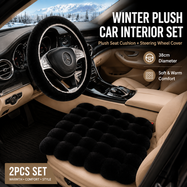 2-Piece Winter Warm Non-Slip Car Interior Comfort Combo with Black Soft Bubble Fleece 3D Fluffy Car Seat Cushion and Black Plush Steering Wheel Cover