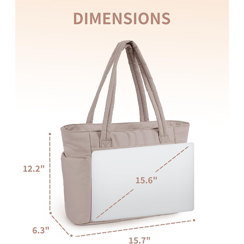 Khaki Quilted Puffer Nylon Tote/Laptop Bag for Women with Internal Cup Holder and Front & Side Pockets - Multi-Pocket Travel Handbag 15.7 x 12.2 x6.3" — image 4