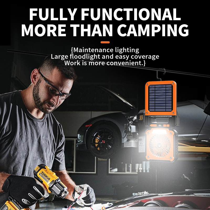 Solar & USB Rechargeable Camping Fan with LED Light - Portable Power Bank, 180° Collapsible(Orange) — image 5