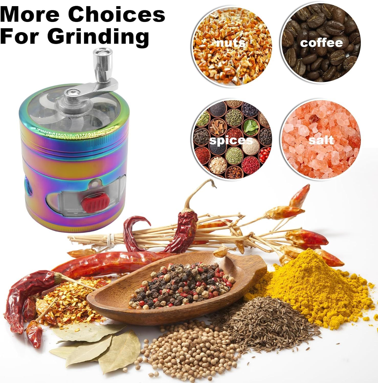 2.5 Inch Spice Grinder with Handle, Zinc Alloy Metal Rainbow Hand Crank Grinder With Transparent Top Cover for Grinding — image 4