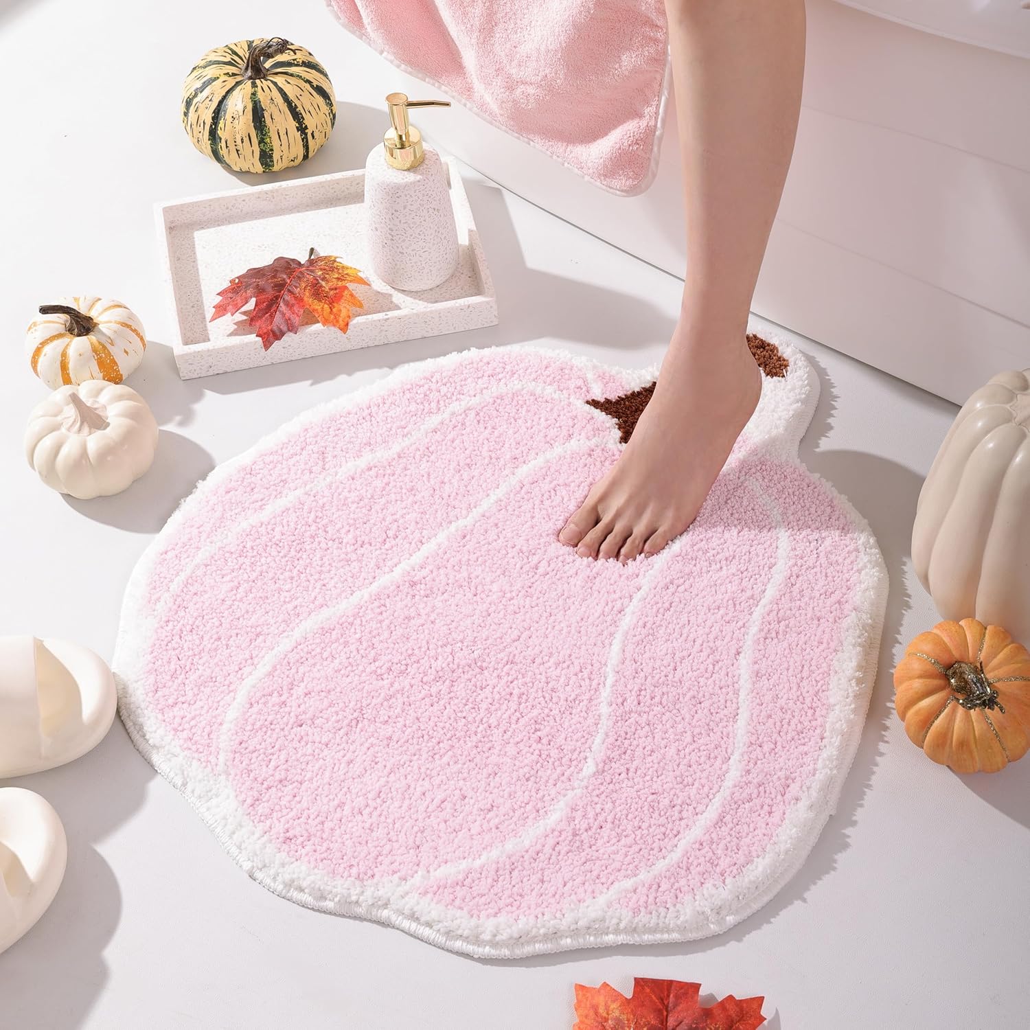 Bathroom Rugs Halloween Pink Rug Cute Pumpkin Bath Mat for Living Room, Bedroom Small Fluffy Washable Rug Non Slip Bath Mats Thanksgiving Door Mat Autumn — image 3