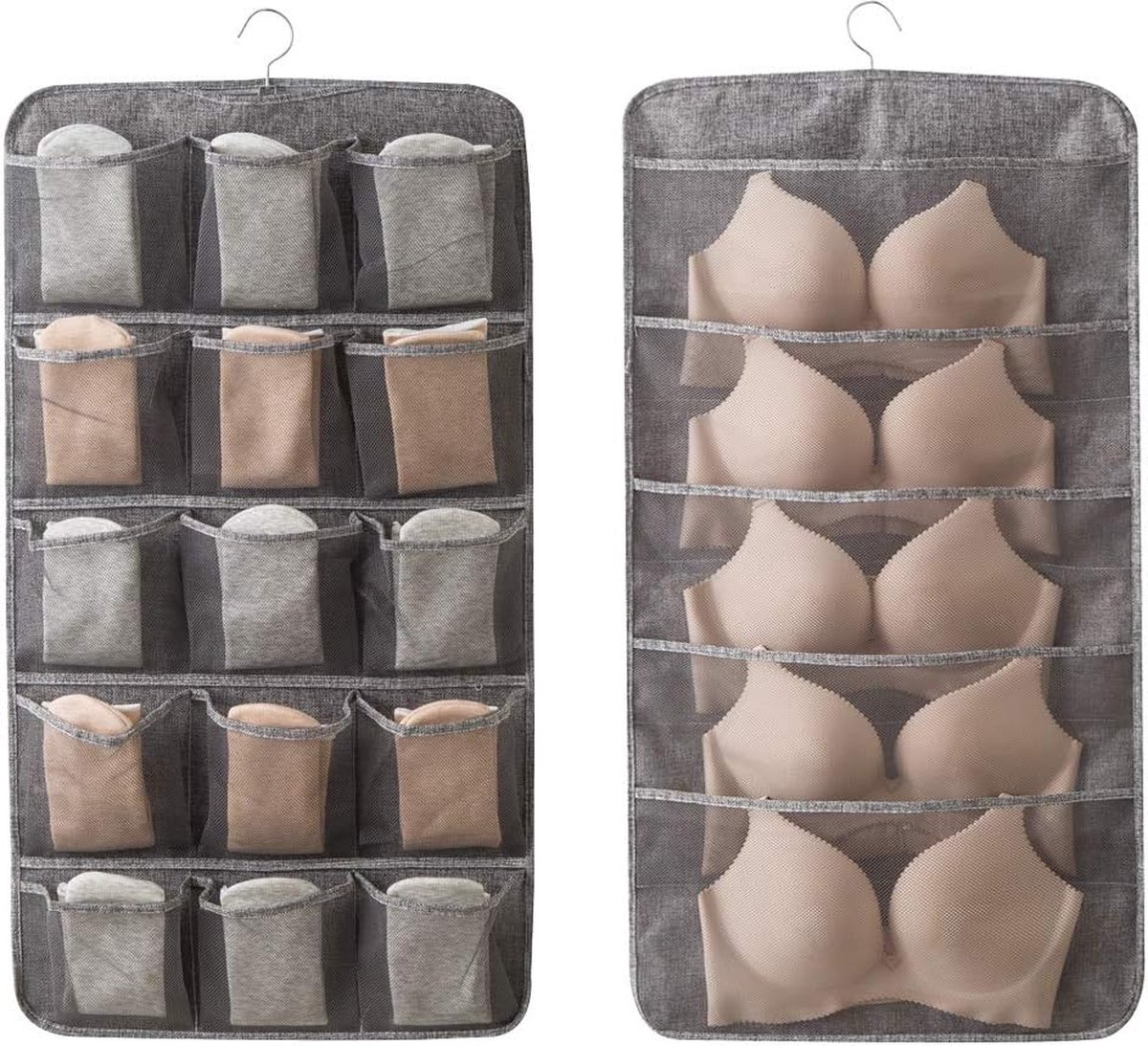 Bra Organizer - Double-Sided 12+18 Storage Pockets - Bra Divider for Closet - Hanging Underwear Divider - Beige - Hanging Storage Bag for Clothing - Clothing