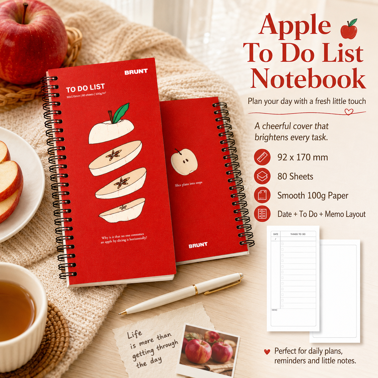 Fruit Series To Do List Notebook (Apple) – Spiral Bound Journal with Cute Fruit Cover, 80 Sheets, Portable Planner for Daily Notes, Study, Office and Personal
