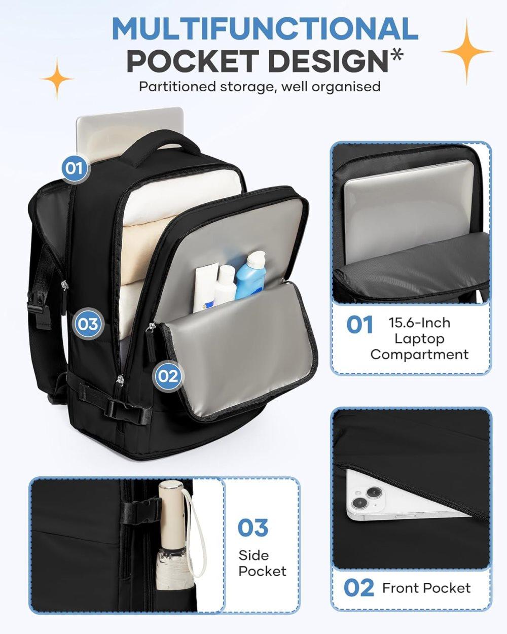 Travel Backpack 42 x 30 x 20 cm, Black, Cabin Bag with Dry and Wet Sorting โ image 5