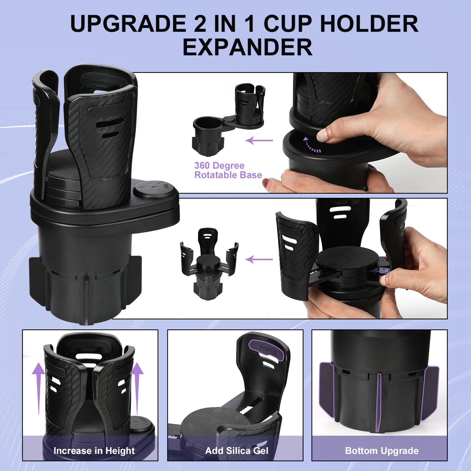 Dual Cup Holder Expander with 360° Rotating Tray – Adjustable Drink & Snack Organizer for Cars, Trucks, SUVs and RVs (Black) — image 2