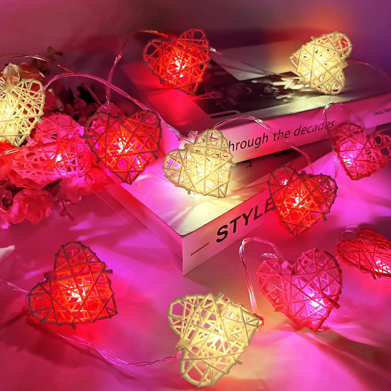 20 Red and White 3D Hollowed Rattan Heart-Shaped 3M String Fairy Lights, Battery (AA) Indoor & Outdoor Decorations Wedding Valentines Romantic Room โ image 5