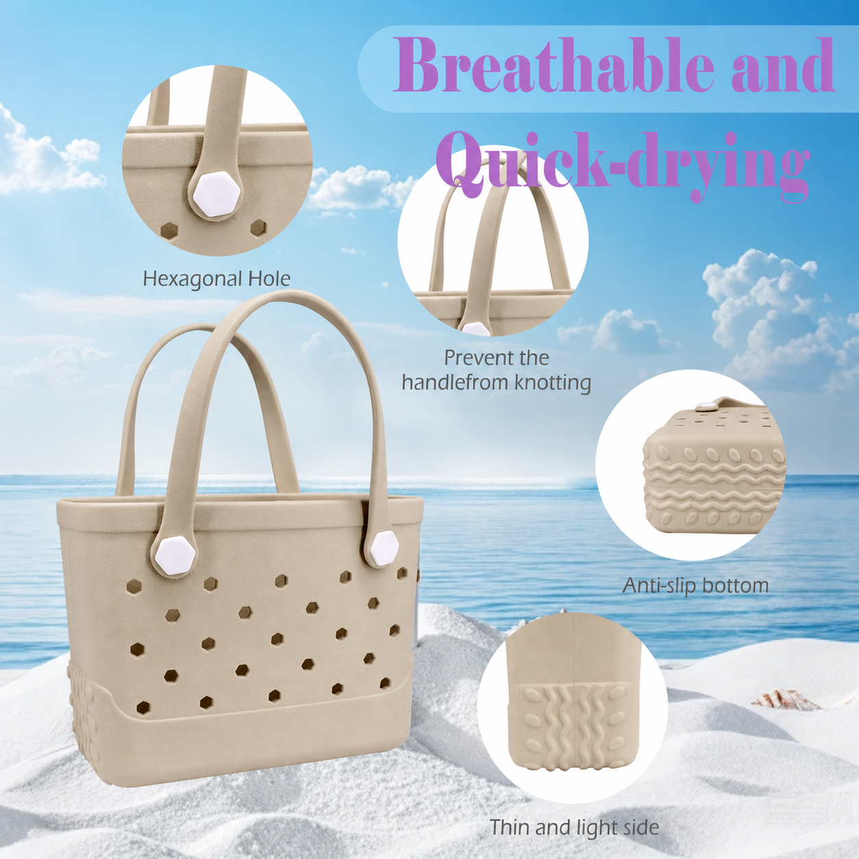 Waterproof Hexagon Mesh Beach Bag - Large Capacity Travel Storage Tote for Swimwear Towel Sunglasses - Apricot Small 28x21x11cm โ image 3