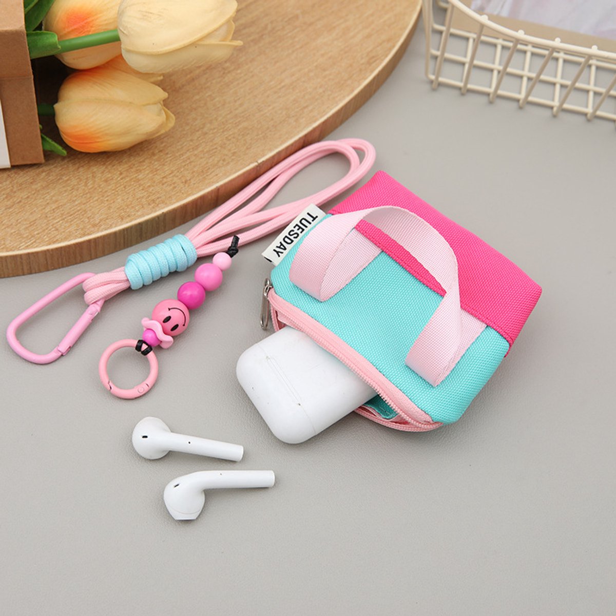 Mini Portable Headphone Case - Storage Box - Data Cable Cover - Storage Bag - Coin Card Holder - Trendy Dopamine Pink — image 2