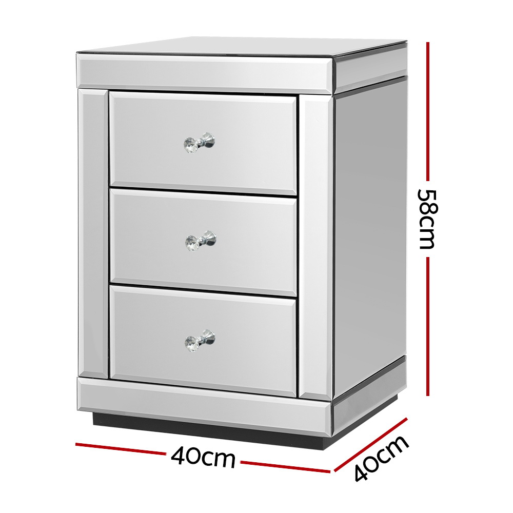 Artiss Set of 2 Bedside Table 3 Drawers Mirrored Glass - PRESIA Silver โ image 2