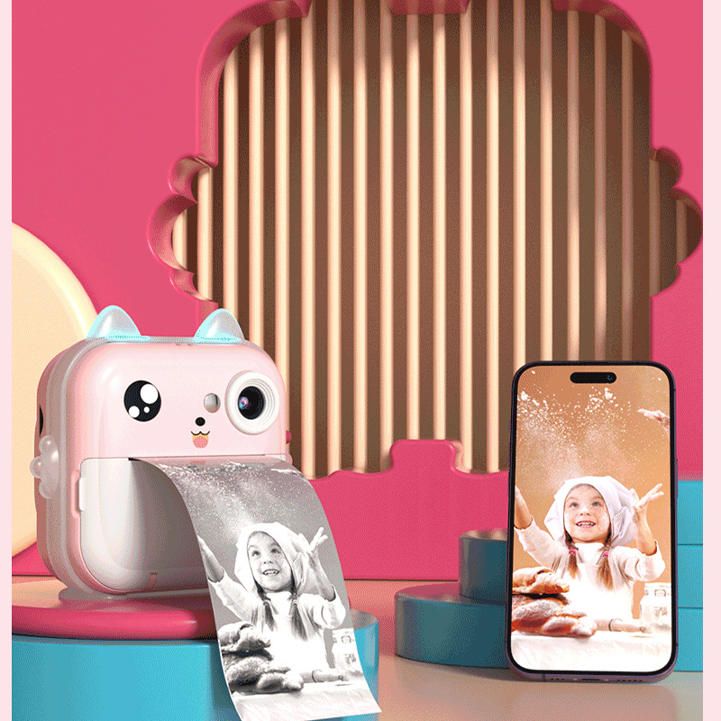 Pink cat Kids Instant Print Camera Zero Ink Digital Video Recorder with 32GB Card and 3 Paper Rolls Portable Rechargeable Toy Gift โ image 2