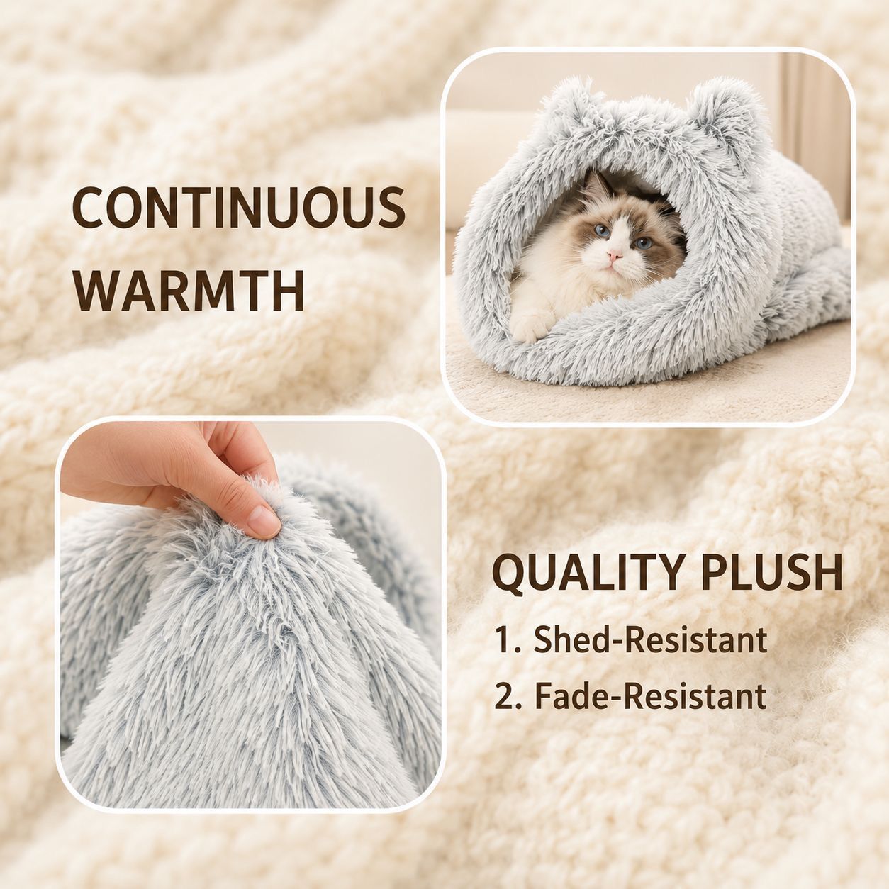 Cozy Heated Two-in-One Plush Cat Cave Bed with USB-Powered Warming, and Timer, Convertible from Enclosed House to Flat Mat for — image 4