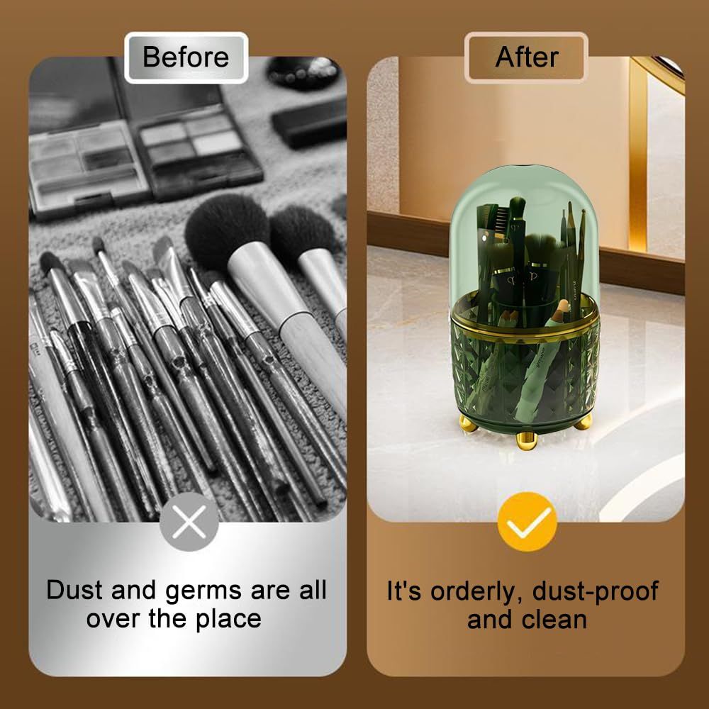 Makeup Brush Holder with Dustproof Lid, 360° Rotating Makeup Organizer, Spinning Cosmetic Organizer Pen Holder for Vanity Bathroom — image 2